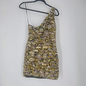 ZARA One Shoulder Floral Ruched Mini Dress Black Purple Gold Women's Small NWT